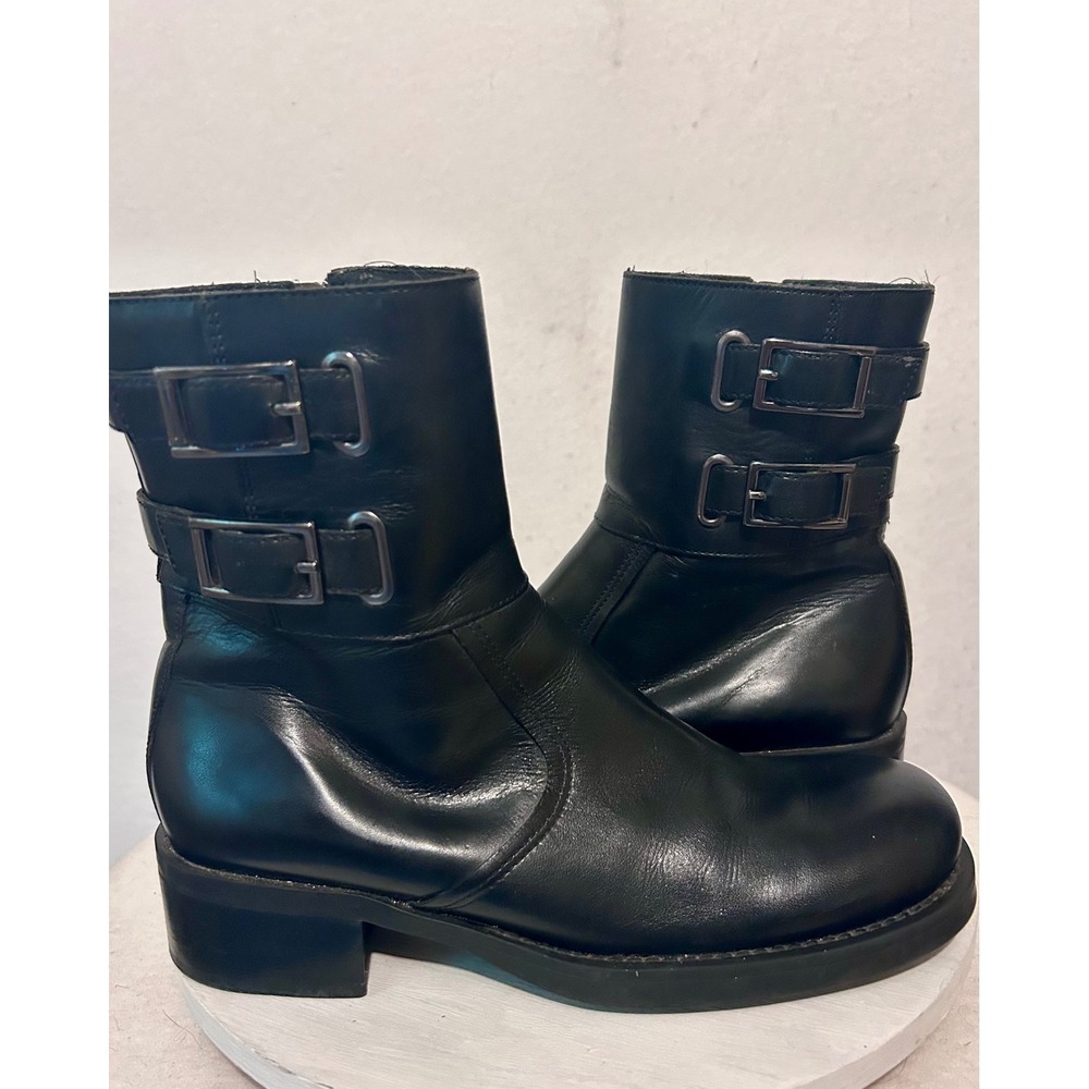 Nine West Black Leather Biker Boots Buckle Strap Moto Mid Calf Brazil Women 8.5M